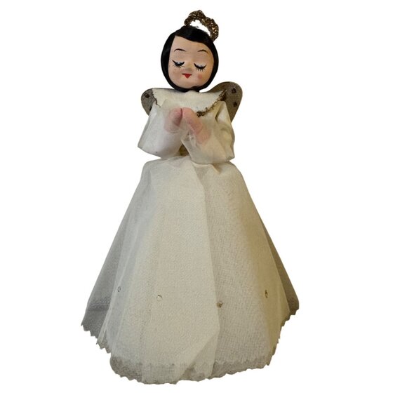 Vtg Angel Tree Topper With Gold Halo Wings Dark Hair Handmade In Japan - Picture 1 of 9